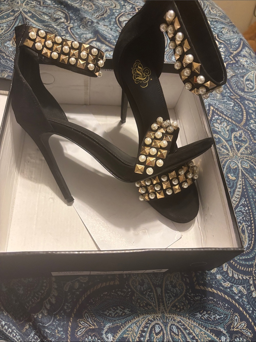Liliana Black High Heel Sandals with Gold Studs and Pearl Embellishments